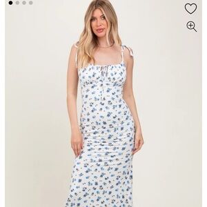 Pinkblush Blue Ribbed Floral Shoulder Tie Maxi Dress